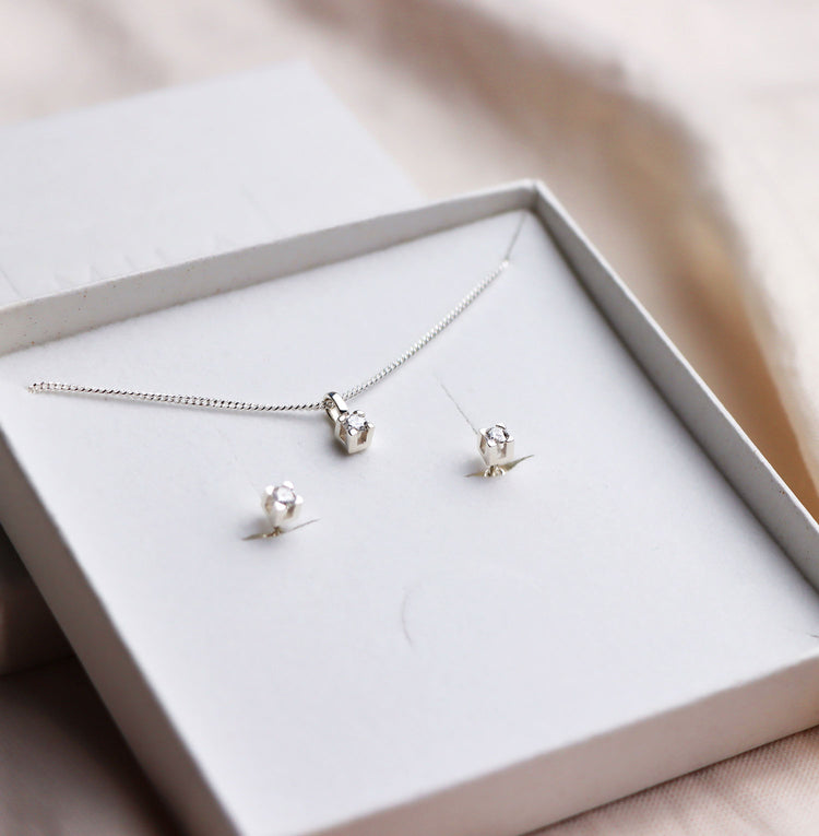 Ett set med halsband och örhängen med diamanter i en vit smyckeask.