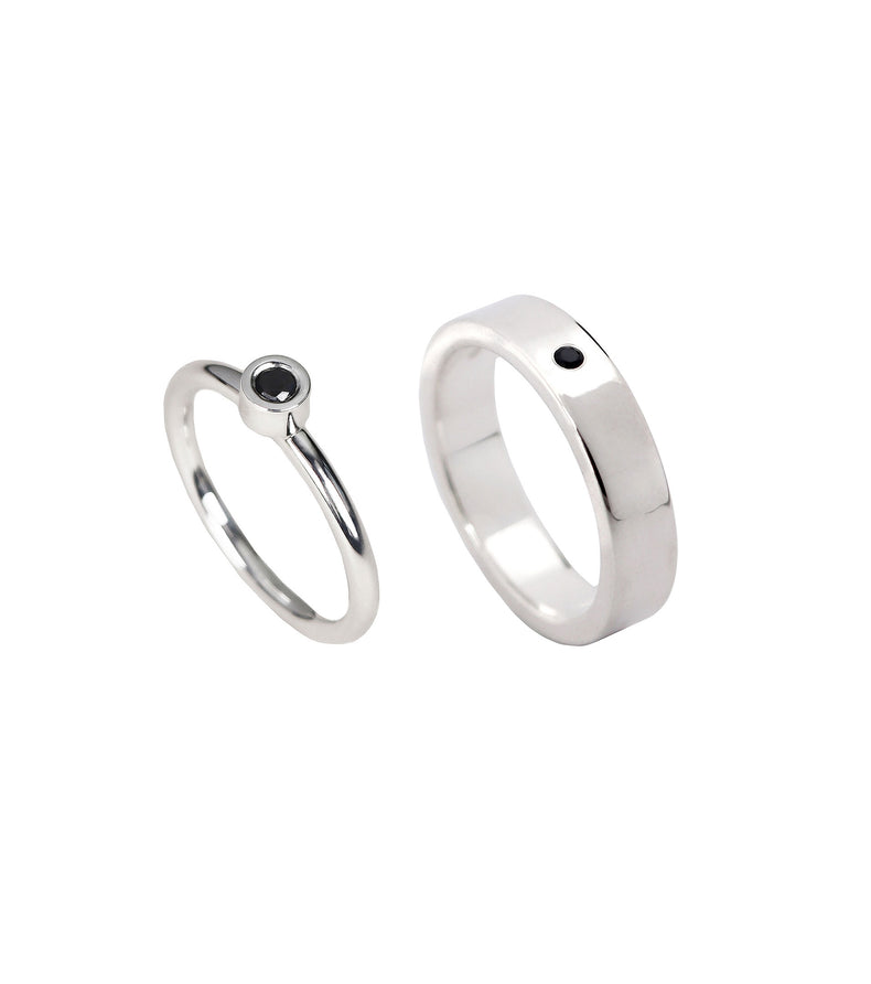 Ring par till förlovning. Silverringar med svarta diamanter till dam och herr.