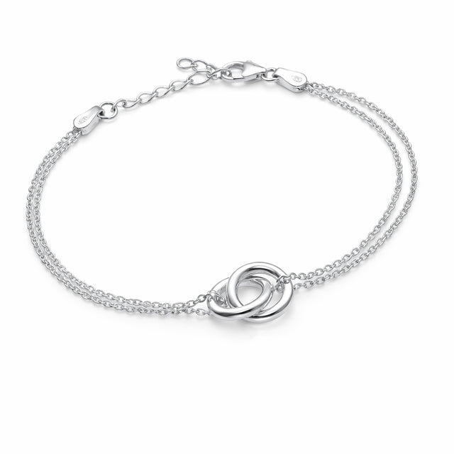Armband i 925 silver till dam med kedjor och två sammankopplade ringar. 