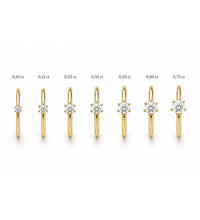 Guide som visar ringar med olika storlekar på diamanter från 0,10 ct - 0,75 ct. 